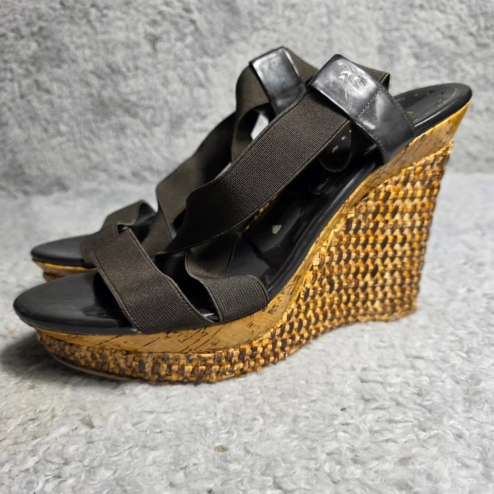 BCBG Wedge Platform Sandals Black Stretch Strappy Woven Straw Women‎ Size 10 Y2K